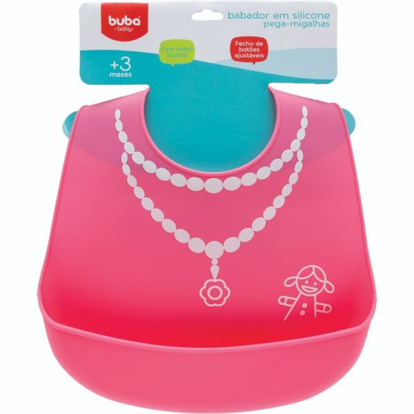 Babador De Silicone Colarzinho E Porta Migalhas Rosa - Buba